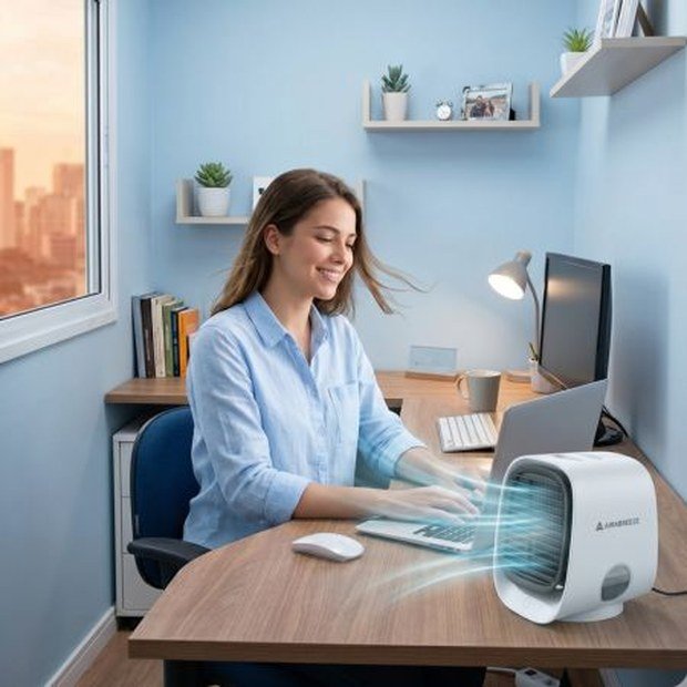 Young woman working on a laptop at her home-office desk with the AiraBreeze portable air cooler creating a cool airflow zone around her workspace