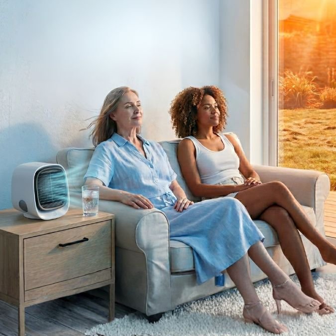 Cool living room interior with the AiraBreeze portable air cooler actively running while the summer heat sits outside the window